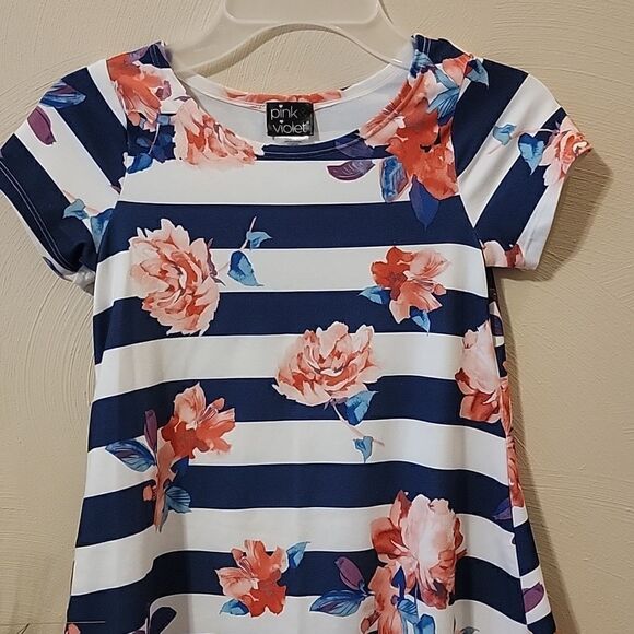 PINK & VIOLET FLORAL SKATER DRESS WITH NAVY BLUE AND WHITE STRIPES, SIZE 6 - Picture 2 of 5